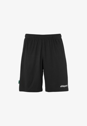 Schwarze Sportshorts aus leichtem Material mit einem elastischen Bund und einem weißen Logo auf der unteren rechten Seite.