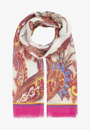 Écharpe blanche légère avec un motif cachemire coloré en rouge, bleu et jaune. Présente une frange rose le long du bord inférieur.