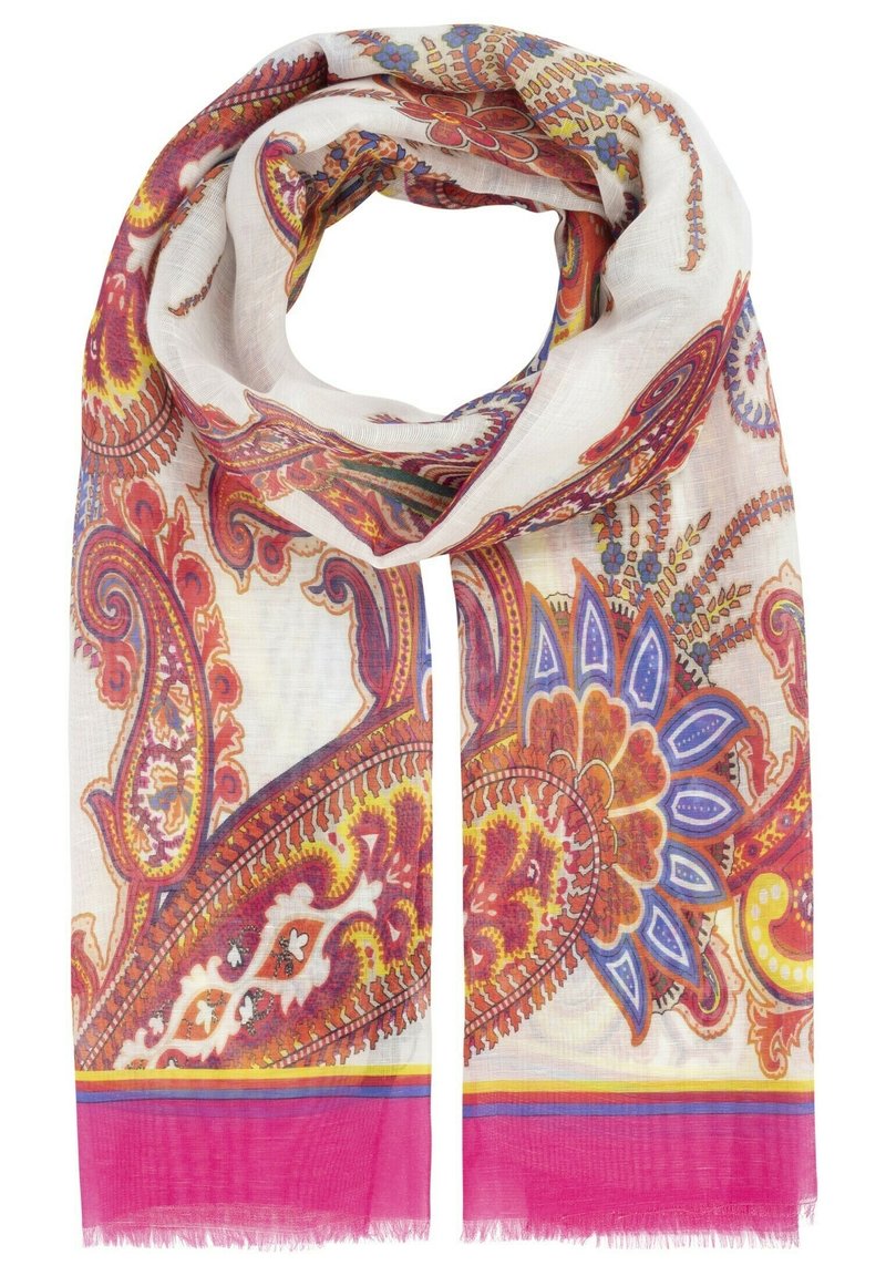 Écharpe blanche légère avec un motif cachemire coloré en rouge, bleu et jaune. Présente une frange rose le long du bord inférieur.