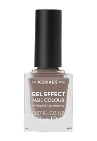 Smalto effetto gel marrone in una bottiglia quadrata trasparente con tappo nero. Contiene olio di mandorle dolci. Volume: 11 ml (0,37 fl. oz).