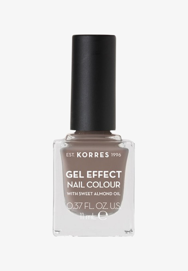 Brauner Gel-Effekt-Nagellack in einer klaren quadratischen Flasche mit schwarzem Deckel. Enthält Süßmandelöl. Inhalt: 11 ml (0,37 fl. oz).