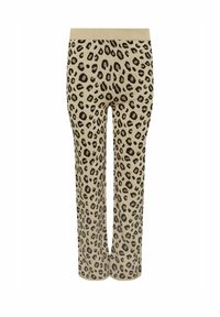 Leopardmönstrade leggings i mjukt tyg, med en bred beige midja och en beige bakgrund med mörkbruna och svarta fläckar.