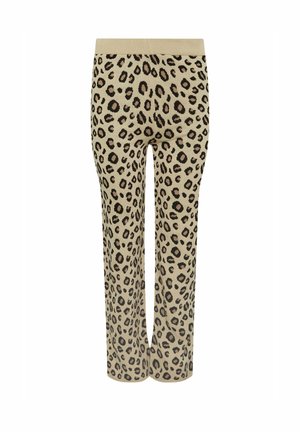 Løveprint leggings lavet af blødt stof, med en bred beige taljehynde og en lys baggrund med mørkebrune og sorte pletter.