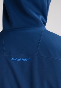Vue arrière d'une personne portant une veste à capuche bleue avec le logo "Mammut" brodé en bleu clair sur le haut du dos.