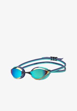 Swim goggles with mirrored blue lenses, black and teal frame, dual soft straps, and adjustable clasp for secure fit.