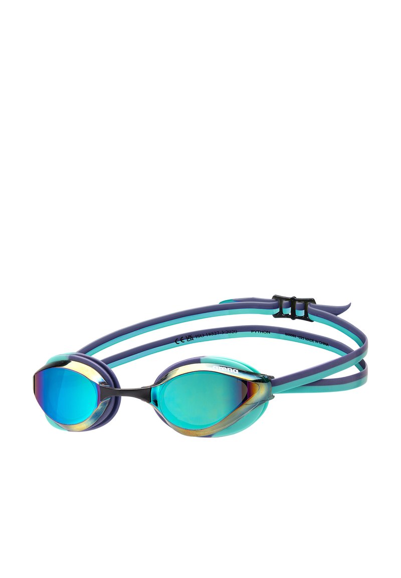 Zwemgoggles met gespiegeld blauwe lenzen, zwart en teal frame, dubbele zachte banden en een verstelbare sluiting voor een veilige fit.