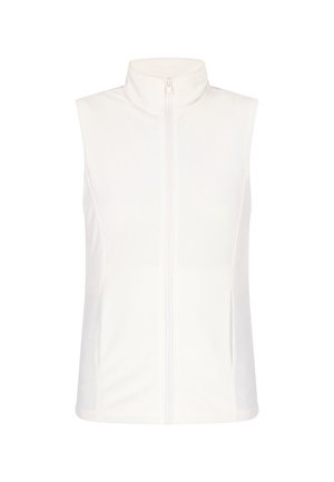 Weißes ärmelloses Oberteil mit hohem Kragen und Reißverschluss vorne, aus einem glatten, leichten Stoff mit dezenten Seitennähten.