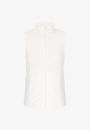 Weißes ärmelloses Oberteil mit hohem Kragen und Reißverschluss vorne, aus einem glatten, leichten Stoff mit dezenten Seitennähten.