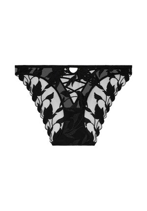 String noir en dentelle avec broderie florale, panneaux transparents, détails découpés et accents dorés, doté d'une taille lisse et de bords festonnés.