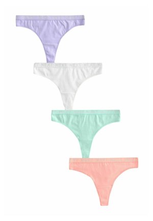 Vier paar vrouwen stringtangas in lila, wit, mintgroen en perzik. Elk heeft een smalle tailleband met "NEXT" in lichtgrijs gedrukt.