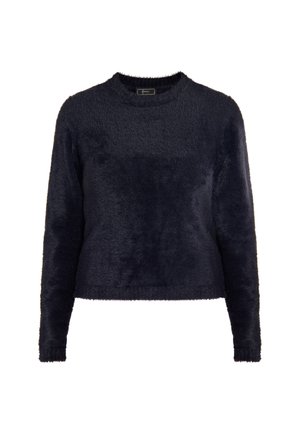 Granatowy, puszysty sweter z długimi rękawami, okrągłym dekoltem i skrojonym dołem. Miękka tekstura, z prostym i eleganckim wzorem.