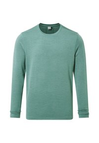 Men’s medium green long-sleeve crew neck shirt with subtle heather texture and straight hem on white background.