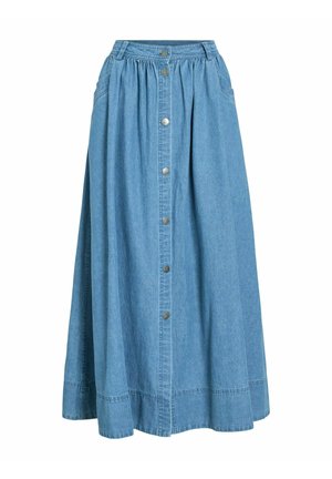Blå denim midi nederdel med frontmetal knap lukning, rynket talje og sidelommer, udvidet skørt.