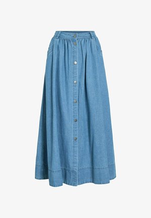 Fustă midi din denim albastru cu închidere frontală cu nasturi metalici, talie adunată și buzunare laterale, tiv evazat.