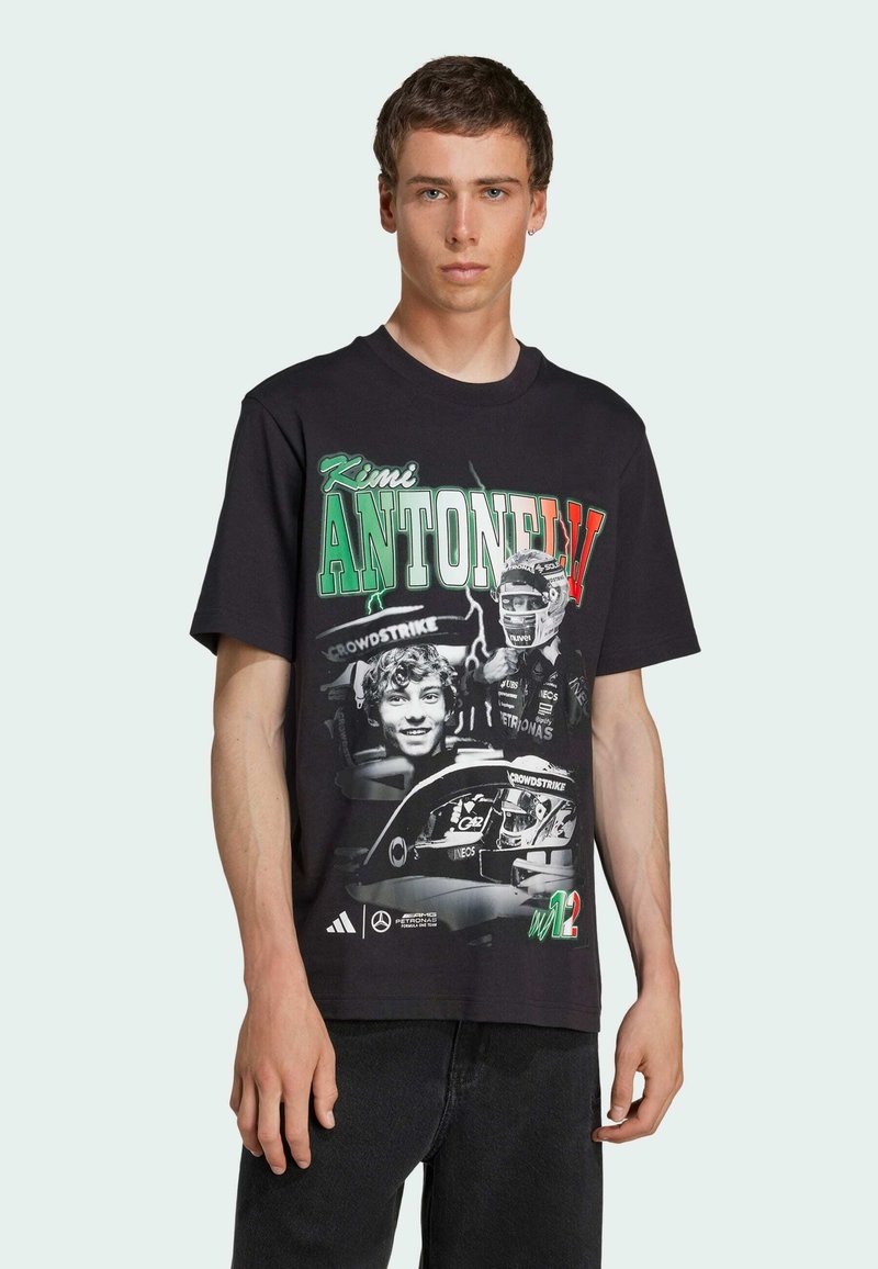 Black cotton t-shirt featuring a graphic print of Kimi Antonelli, with green and red accents and a car illustration. Short sleeves and crew neck.