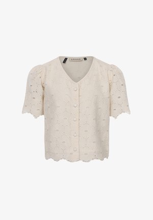 Blouse crème à manches courtes avec broderie œillets florale, boutons ronds recouverts de tissu sur le devant et encolure en V.