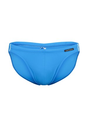 Blauwe zwemslips voor mannen met een lage taille, een elastische tailleband en een klein "olaf benz" logolabel aan de rechter voorkant.
