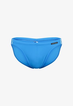 Blauwe zwemslips voor mannen met een lage taille, een elastische tailleband en een klein "olaf benz" logolabel aan de rechter voorkant.