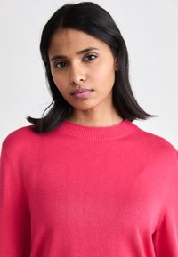 Roza pletena majica z ribanim okroglim izrezom, dolgimi rokavi in gladko teksturo, prikazana na modelu na nevtralni podlagi.