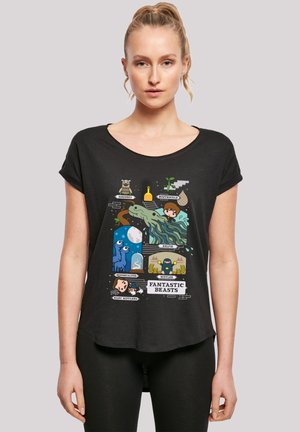 Black T-shirt with a loose fit, featuring a colorful graphic of illustrated creatures from "Fantastic Beasts." Short sleeves and a rounded hem.