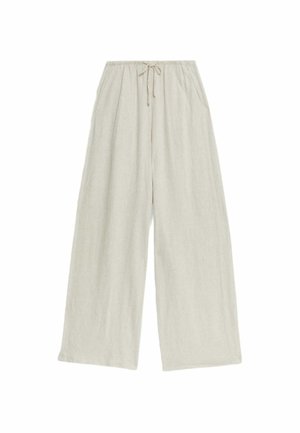 Leinen-Hose mit weitem Bein in hellem Beige, mit elastischem Bund und Kordelzug. Sie hat einen lockeren, lässigen Schnitt und eine strukturierte Oberfläche.