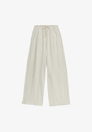 Leinen-Hose mit weitem Bein in hellem Beige, mit elastischem Bund und Kordelzug. Sie hat einen lockeren, lässigen Schnitt und eine strukturierte Oberfläche.