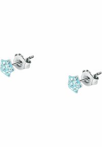 Orecchini a bottone a forma di stella in argento sterling, decorati con rhinestone blu chiaro e una finitura lucida. Chiusura sicura con retro forato per un migliore fissaggio.