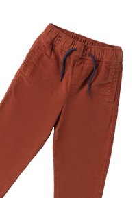 Rdzawobrązowe spodnie korduroy z elastycznym paskiem, z troczkiem i bocznymi kieszeniami, prezentujące prążkowaną fakturę.
