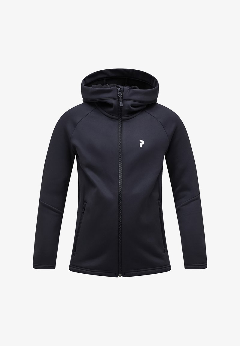 Mustat vetoketjuhuppari, jossa on korkea kaulus, sileä pinta, sivutaskut ja pieni logo rinnassa. Materiaali näyttää joustavalta.