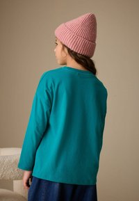 Türkisfarbenes Langarmshirt aus weichem Stoff, kombiniert mit einer rosa gestrickten Mütze mit Rippstruktur, Rückansicht.