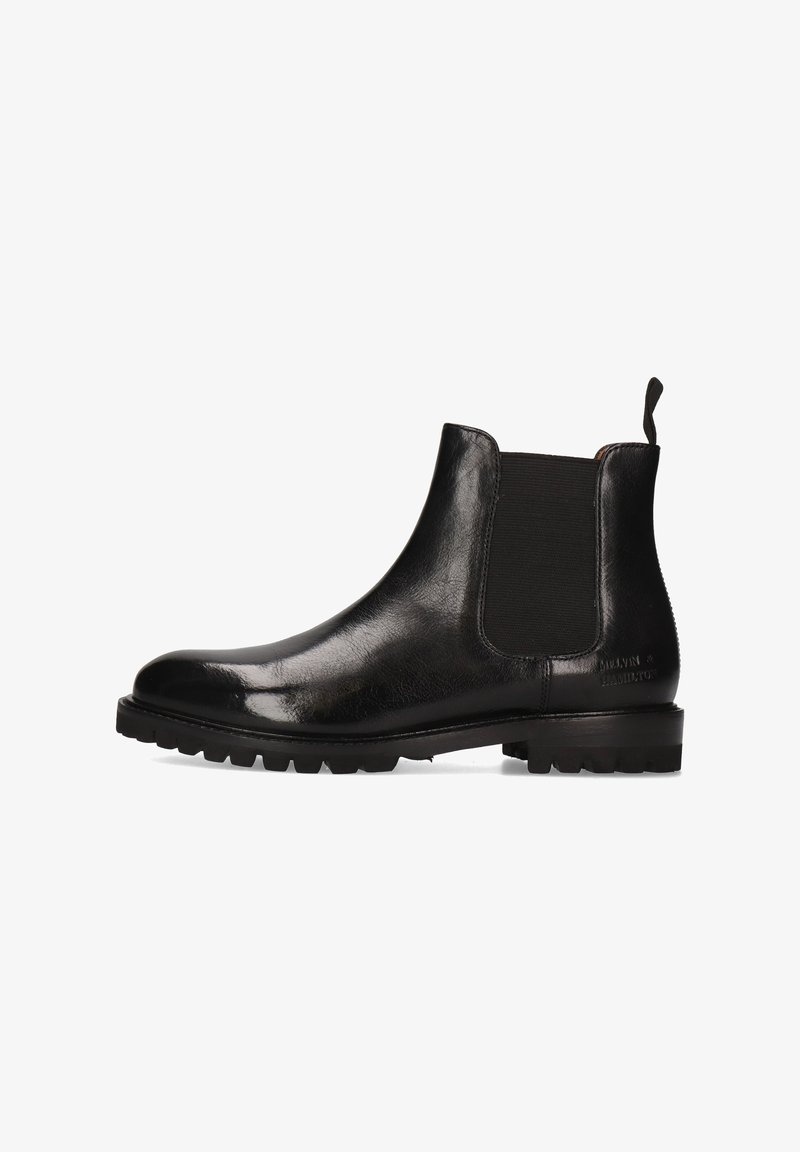 Botín Chelsea de cuero negro con paneles elásticos en los laterales, tira en el talón y suela de goma resistente, visto desde el lado exterior.