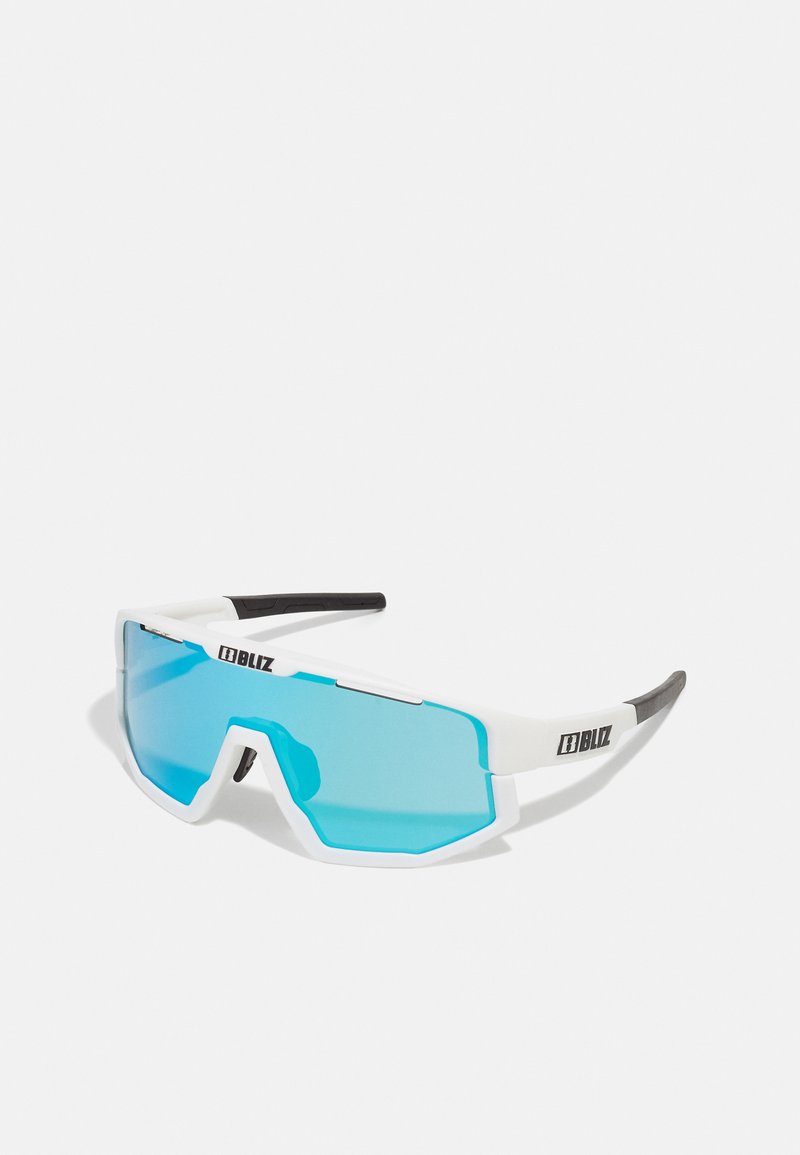 Sport sunglasses with a white frame, blue tinted lenses, and black accents; features a geometric design and wraparound style.