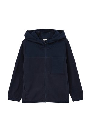 Granatowa bluza polarowa na zamek z kapturem, długimi rękawami, elastycznymi mankietami oraz kwadratową kieszenią na lewej piersi.