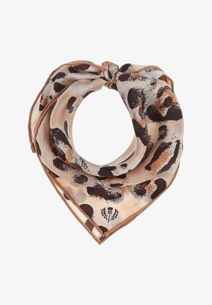 Foulard en soie avec imprimé léopard abstrait en marron, beige et noir, noué en un nœud lâche, avec un petit logo floral près du bord.