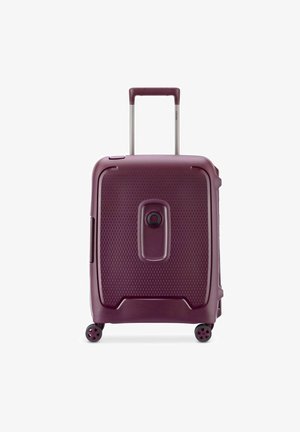 Hard-shell carry-on suitcase in deep burgundy with a textured surface, retractable handle, and four swivel wheels for easy maneuverability.