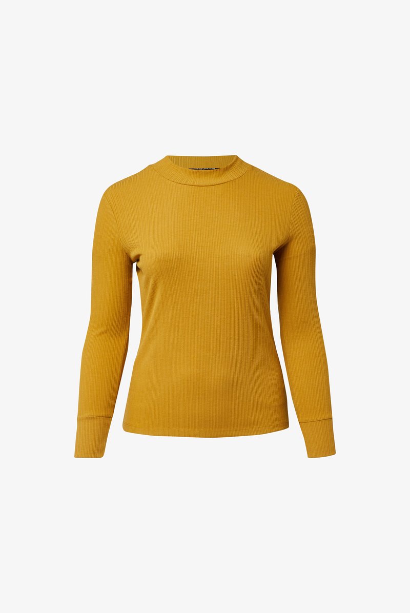 Senfgelbes, geripptes Langarmshirt mit hohem Ausschnitt und figurbetontem Schnitt. Ein strukturiertes Gewebe mit leichter Dehnbarkeit. Abgerundete Bündchen an den Handgelenken.