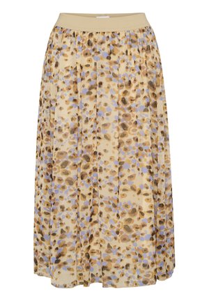 Faltenrock in Midilänge aus leichtem Stoff mit beigem Hintergrund und einem braun-lila gepunkteten Muster. Mit elastischem Bund.