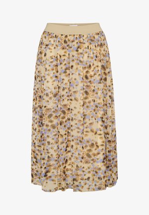 Faltenrock in Midilänge aus leichtem Stoff mit beigem Hintergrund und einem braun-lila gepunkteten Muster. Mit elastischem Bund.