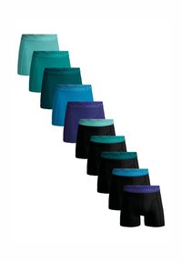 Eight pairs of men's boxer shorts in various colors: teal, dark teal, deep purple, and black. Each features a branded elastic waistband.