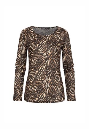 Camiseta de manga larga en un estampado de cebra en marrón y negro. Presenta un escote redondo y una silueta ajustada. Fabricada con una tela suave y texturizada.