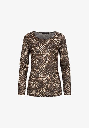 Długi rękaw top w brązowy i czarny wzór zebry. Posiada okrągły dekolt i dopasowany krój. Wykonany z miękkiego, teksturowanego materiału.