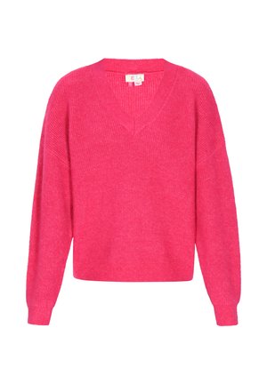 Svetlo roza pleteno pulover s dolgimi rokavi in V-izrezom, prikazan na beli podlagi.
