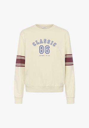 Cremefarbenes Sweatshirt mit blauer "CLASSIC" und "86" Schrift, ergänzt durch kastanienbraune Streifenakzente an den Ärmeln sowie gerippten Bündchen und Saum.