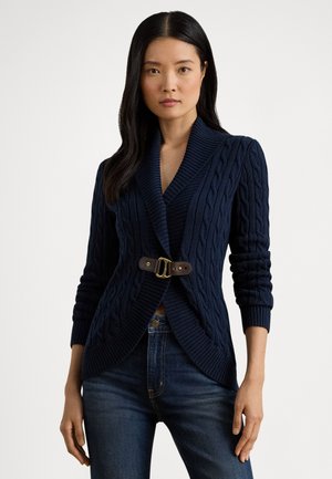 BUCKLE-TRIM CABLE SHAWL-COLLAR CARDIGAN - Cardigan - lauren navy