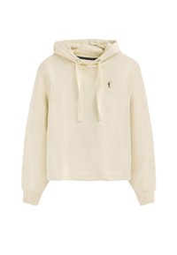 Krämfärgad huvtröja av mjukt tyg, med dragsko i huvan, långa ärmar, ribbade muddar och ett broderat emblem på vänstra bröstet.