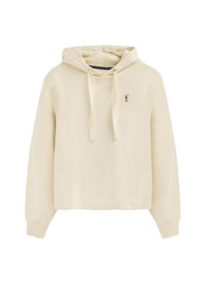 Felpa con cappuccio color crema realizzata in tessuto morbido, con cappuccio regolabile tramite coulisse, maniche lunghe, polsini a costine e un emblema ricamato sul petto sinistro.