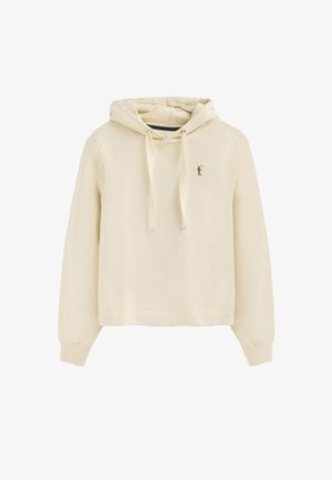 Felpa con cappuccio color crema realizzata in tessuto morbido, con cappuccio regolabile tramite coulisse, maniche lunghe, polsini a costine e un emblema ricamato sul petto sinistro.