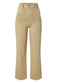 Jeans beige de cintura alta con un diseño de pierna recta, fabricados en una suave tela de algodón, con dos bolsillos frontales y cierre con botón de metal.