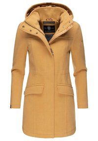 Yellow cotton blend long coat with a hood. Features zip and snap closures, two front pockets, and a textured inner lining.