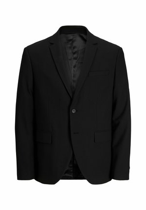 Černý pánský sako s jedním knoflíkem, s klopami s výřezem, dvěma předními klopovými kapsami a jednou náprsní kapsou, zobrazený na bílém pozadí.